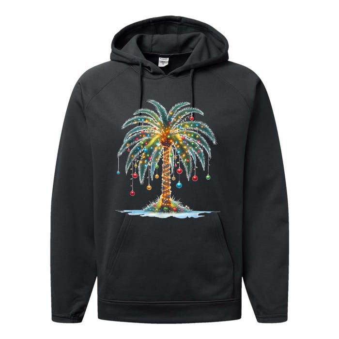 Christmas Palm Tree Print Performance Fleece Hoodie