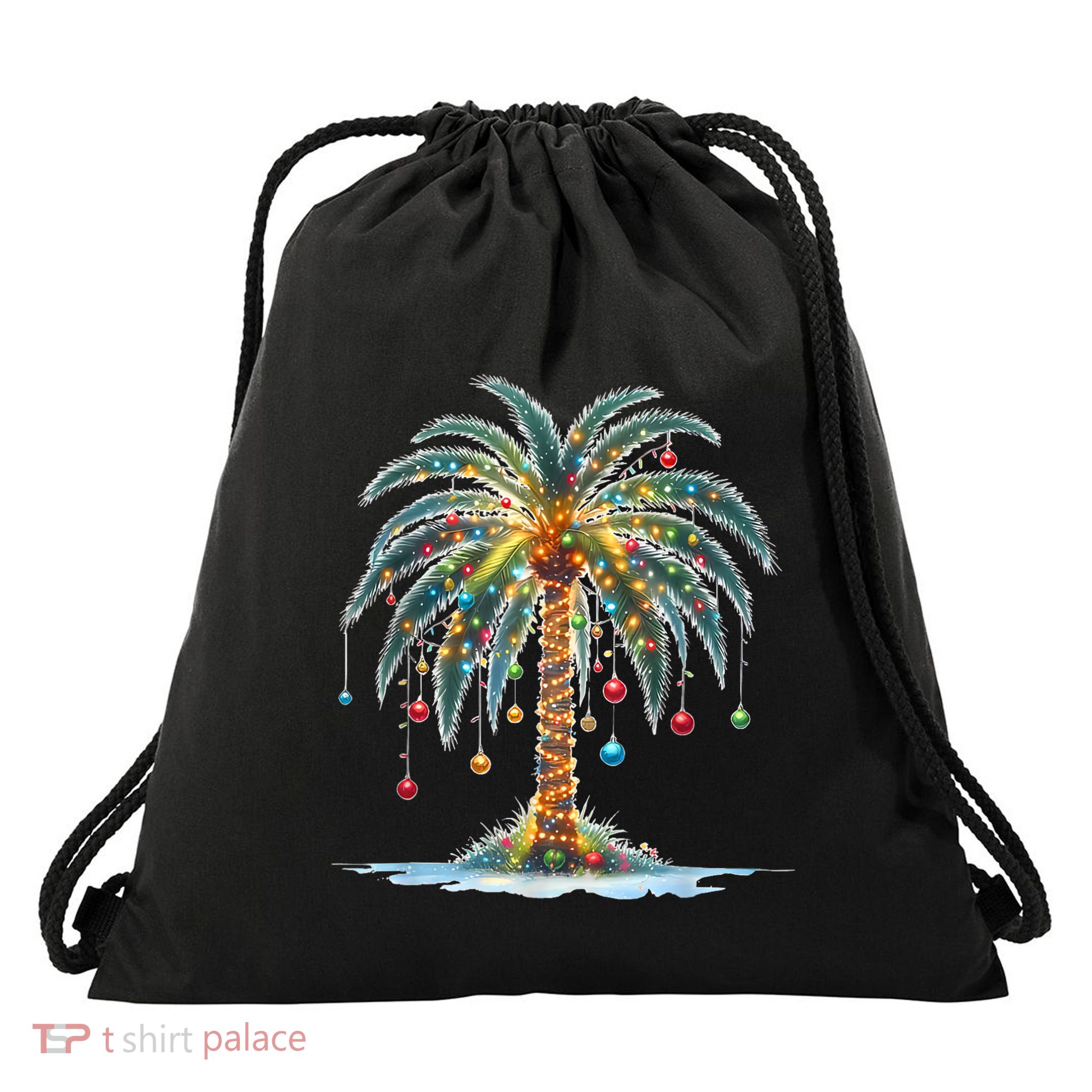 Christmas Palm Tree Print Drawstring Bag