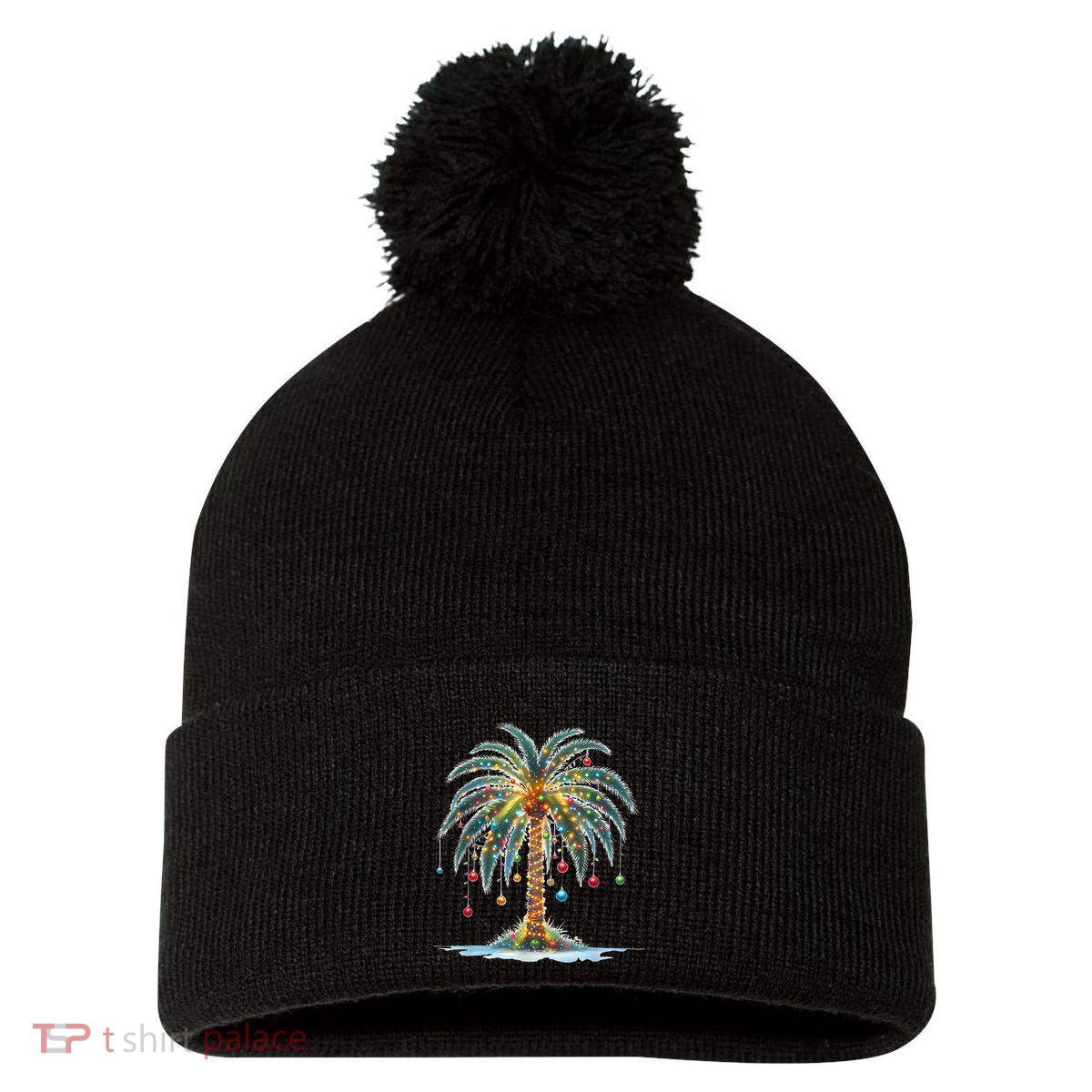 Christmas Palm Tree Print Pom Pom 12in Knit Beanie