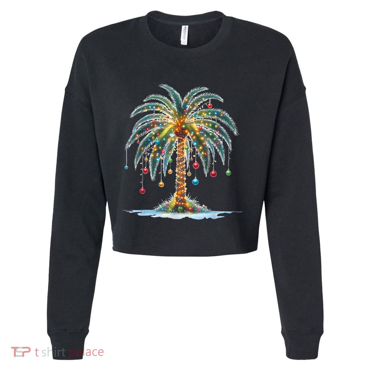 Christmas Palm Tree Print Cropped Pullover Crew