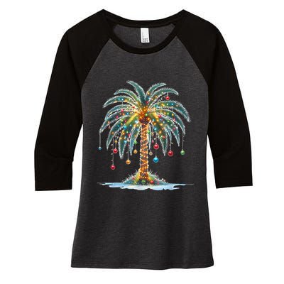 Christmas Palm Tree Print Women's Tri-Blend 3/4-Sleeve Raglan Shirt