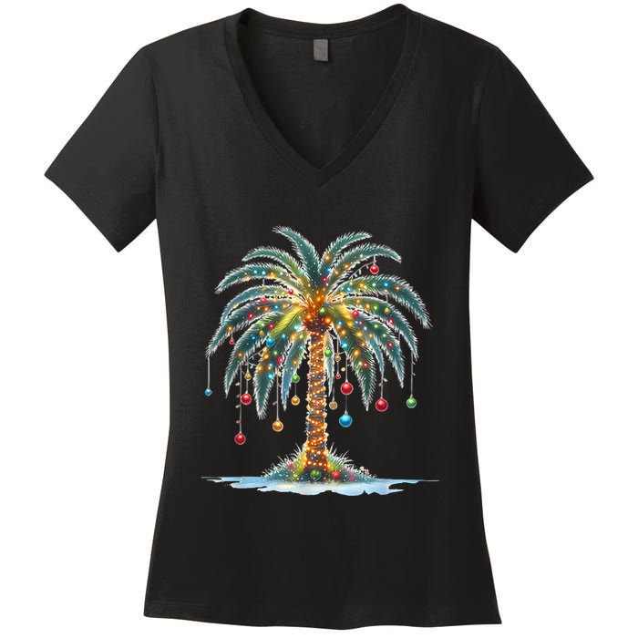 Christmas Palm Tree Print Women's V-Neck T-Shirt