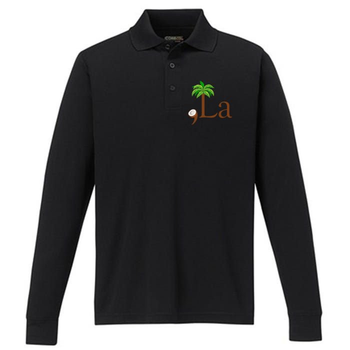 Coconut Palm Tree Comma + La Kamala Harris President 2024 Gift Performance Long Sleeve Polo