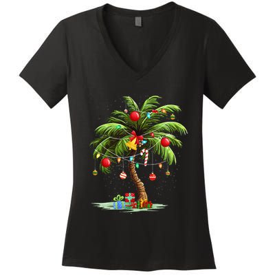 Christmas Palm Tree Light Hawaiian Tropical Xmas Women's V-Neck T-Shirt