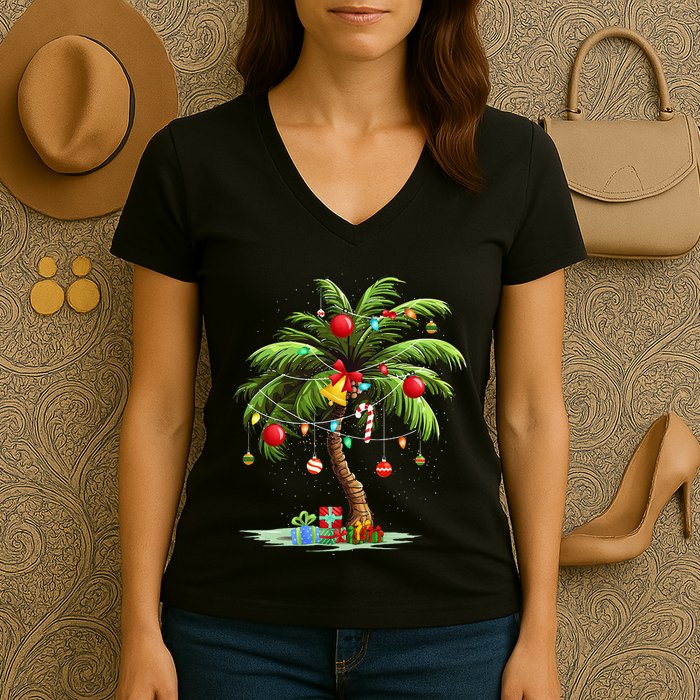 Christmas Palm Tree Light Hawaiian Tropical Xmas Women's V-Neck T-Shirt