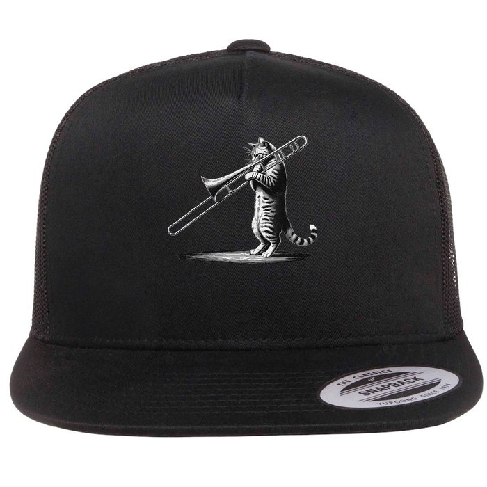 Cat Playing Trombone Player Trombonist Instrument Flat Bill Trucker Hat