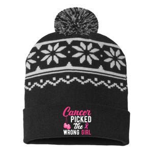 Cancer Picked The Wrong Girl Pink Ribbon USA-Made Snowflake Beanie