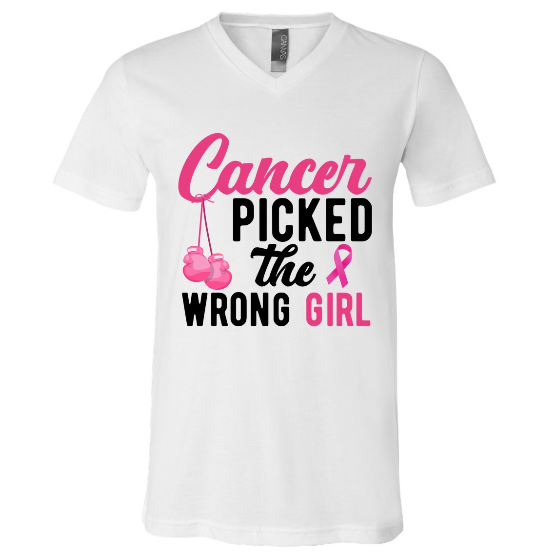 Cancer Picked The Wrong Girl Pink Ribbon V-Neck T-Shirt