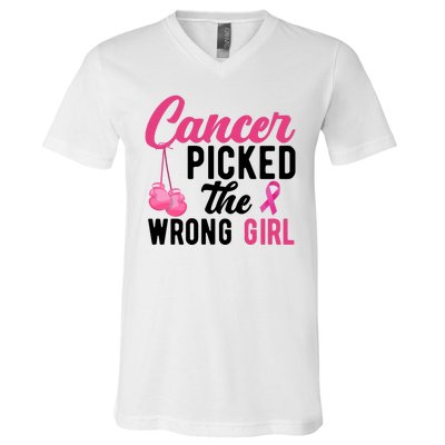 Cancer Picked The Wrong Girl Pink Ribbon V-Neck T-Shirt