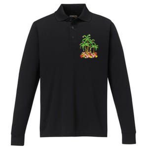 Christmas Palm Tree Tropical Xmas Coconut Lights Performance Long Sleeve Polo