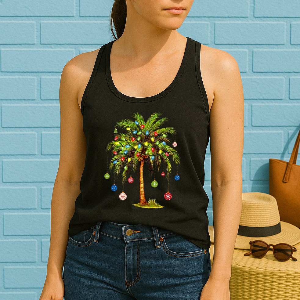 Christmas Palm Tree Light Hawaiian Tropical Xmas Womens Tank Top