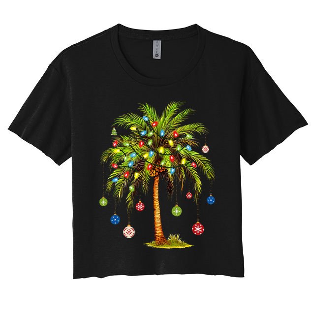 Christmas Palm Tree Light Hawaiian Tropical Xmas Women's Crop Top Tee