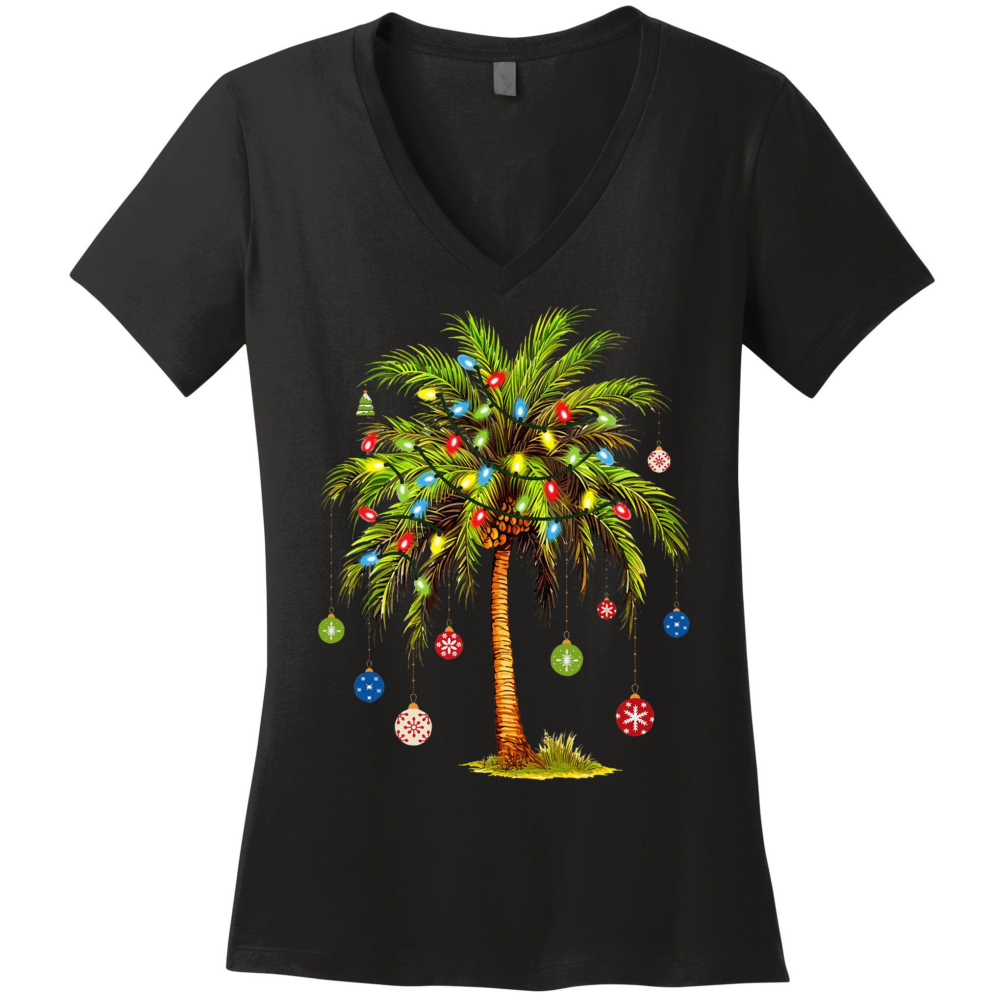 Christmas Palm Tree Light Hawaiian Tropical Xmas Women's V-Neck T-Shirt