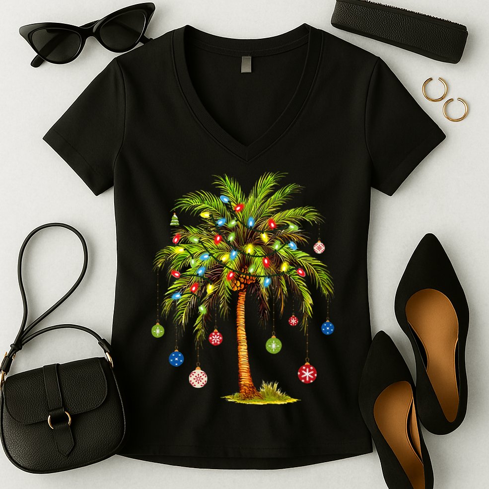 Christmas Palm Tree Light Hawaiian Tropical Xmas Women's V-Neck T-Shirt