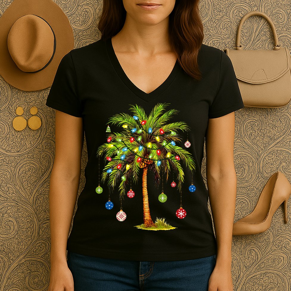 Christmas Palm Tree Light Hawaiian Tropical Xmas Women's V-Neck T-Shirt