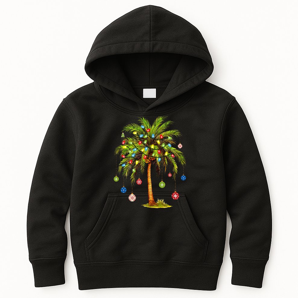 Christmas Palm Tree Light Hawaiian Tropical Xmas Kids Hoodie