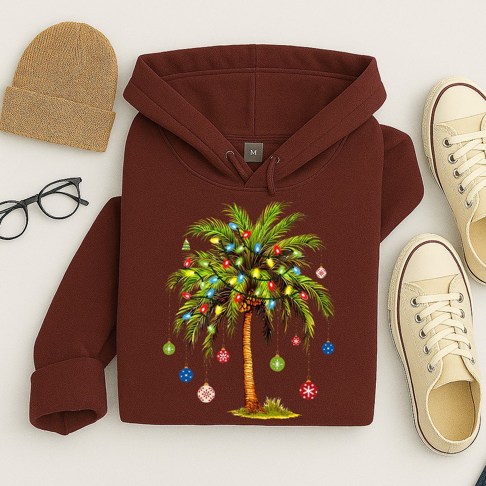 Christmas Palm Tree Light Hawaiian Tropical Xmas Hoodie