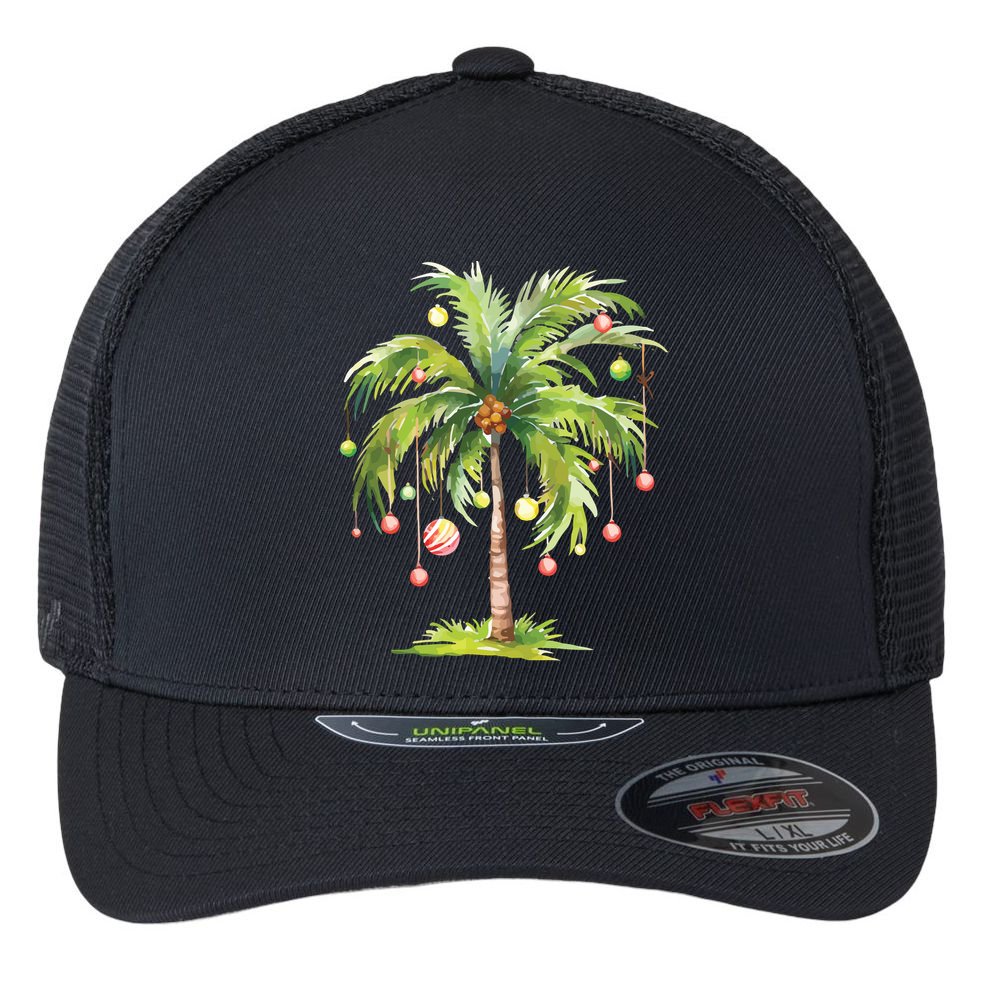 Christmas Palm Tree Tropical Christmas On The Beach Flexfit Unipanel Trucker Cap