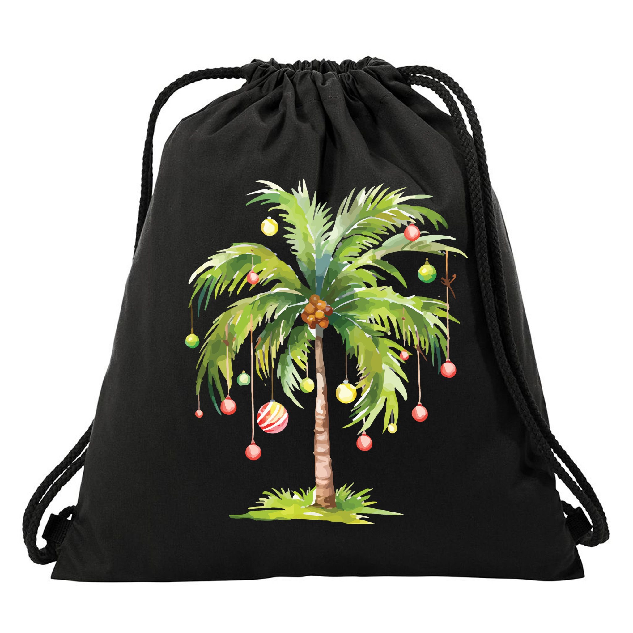 Christmas Palm Tree Tropical Christmas On The Beach Drawstring Bag