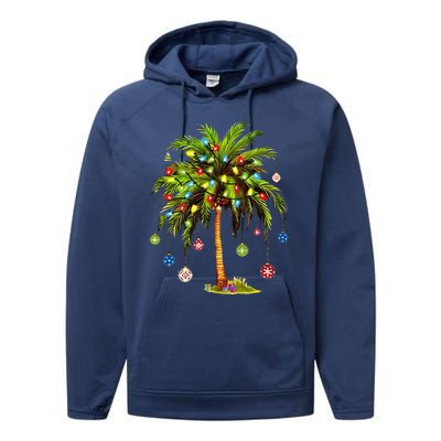 Christmas Palm Tree Light Hawaiian Tropical Xmas Performance Fleece Hoodie