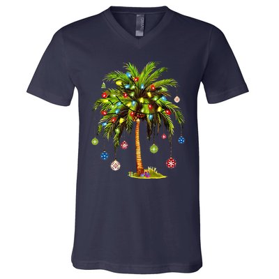 Christmas Palm Tree Light Hawaiian Tropical Xmas V-Neck T-Shirt