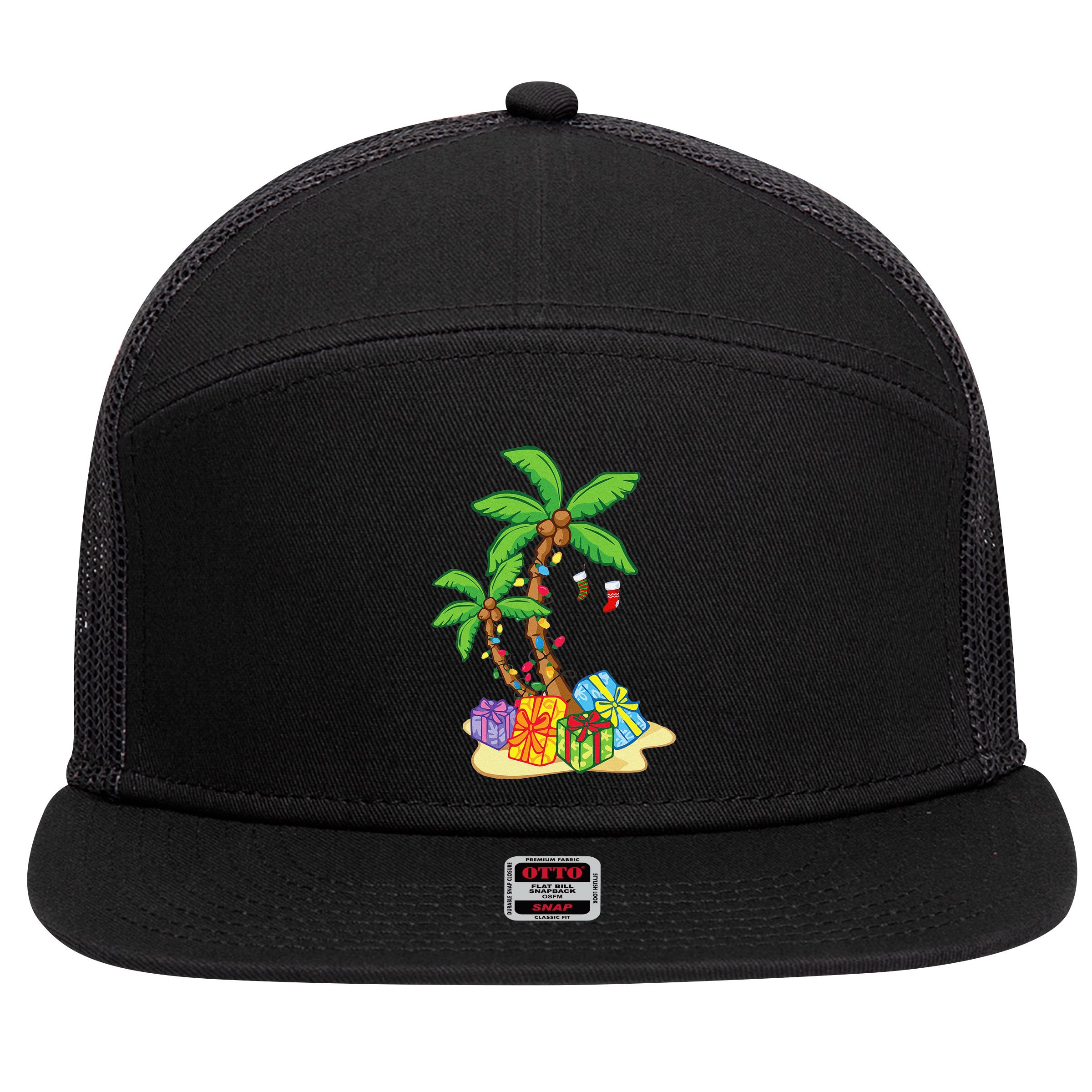Christmas Palm Tree Tropical Xmas Coconut Lights Funny Gifts 7 Panel Mesh Trucker Snapback Hat