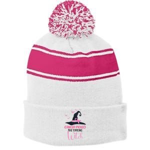 Cancer Picked The Wrong Witch Breast Cancer Awareness Stripe Pom Pom Beanie