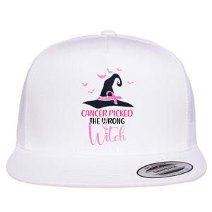 Cancer Picked The Wrong Witch Breast Cancer Awareness Flat Bill Trucker Hat