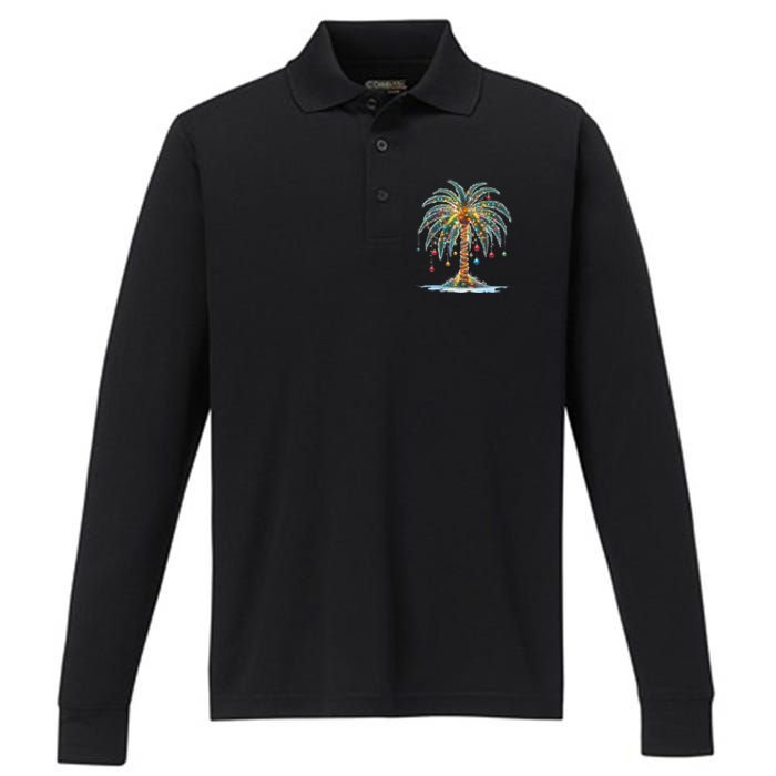 Christmas Palm Tree Print Performance Long Sleeve Polo