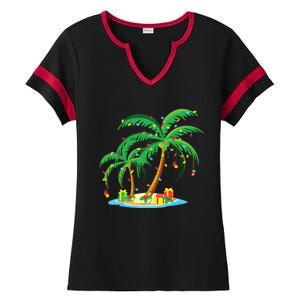 Christmas Palm Tree Tropical Xmas Gift Coconut Lights Pajama Ladies Halftime Notch Neck Tee