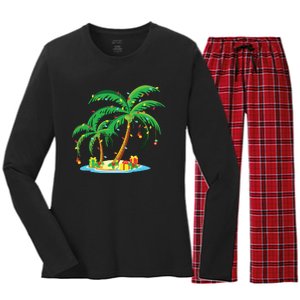 Christmas Palm Tree Tropical Xmas Gift Coconut Lights Pajama Women's Long Sleeve Flannel Pajama Set 