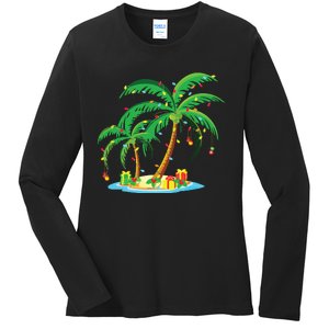 Christmas Palm Tree Tropical Xmas Gift Coconut Lights Pajama Ladies Long Sleeve Shirt