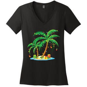 Christmas Palm Tree Tropical Xmas Gift Coconut Lights Pajama Women's V-Neck T-Shirt