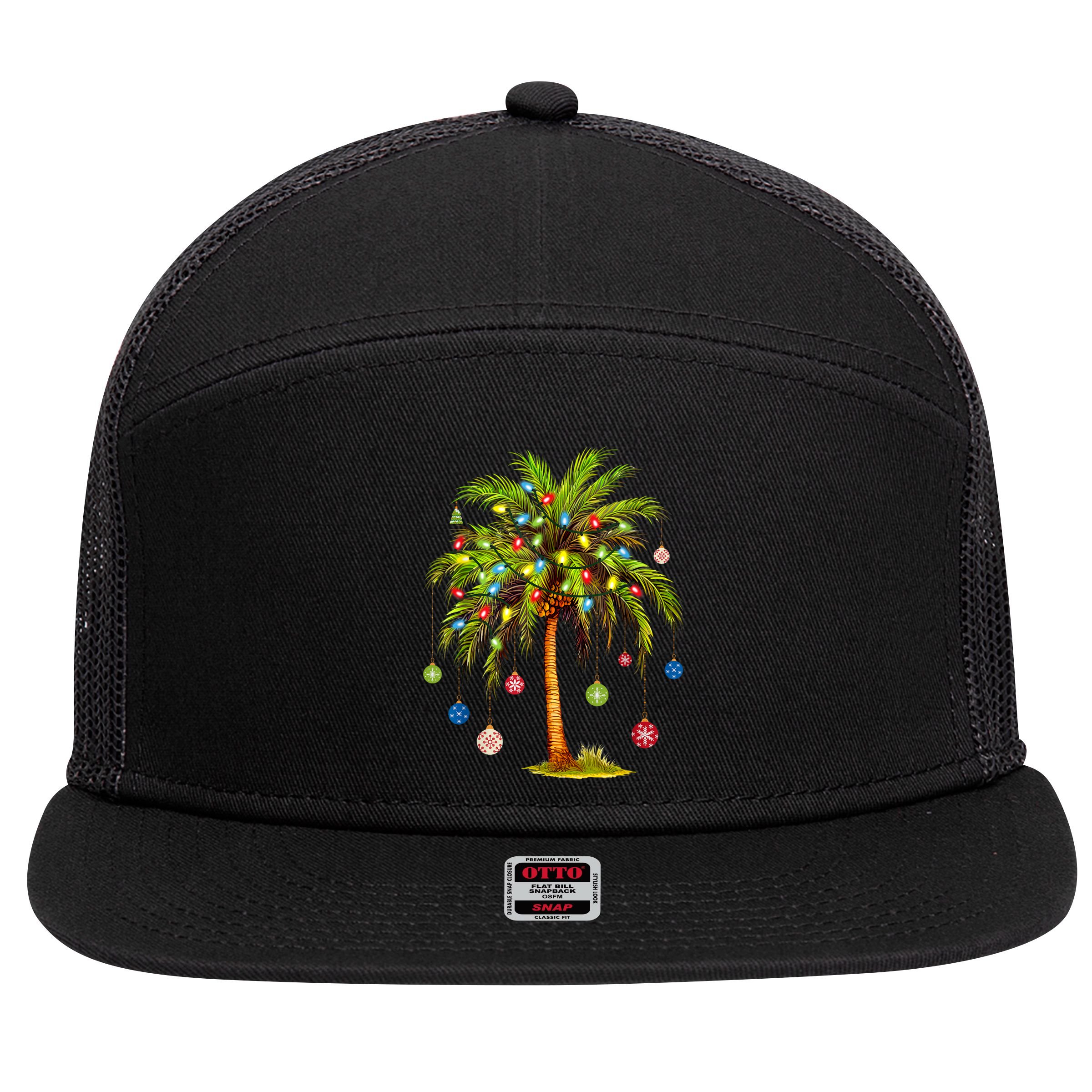 Christmas Palm Tree Light Hawaiian Tropical Xmas 7 Panel Mesh Trucker Snapback Hat