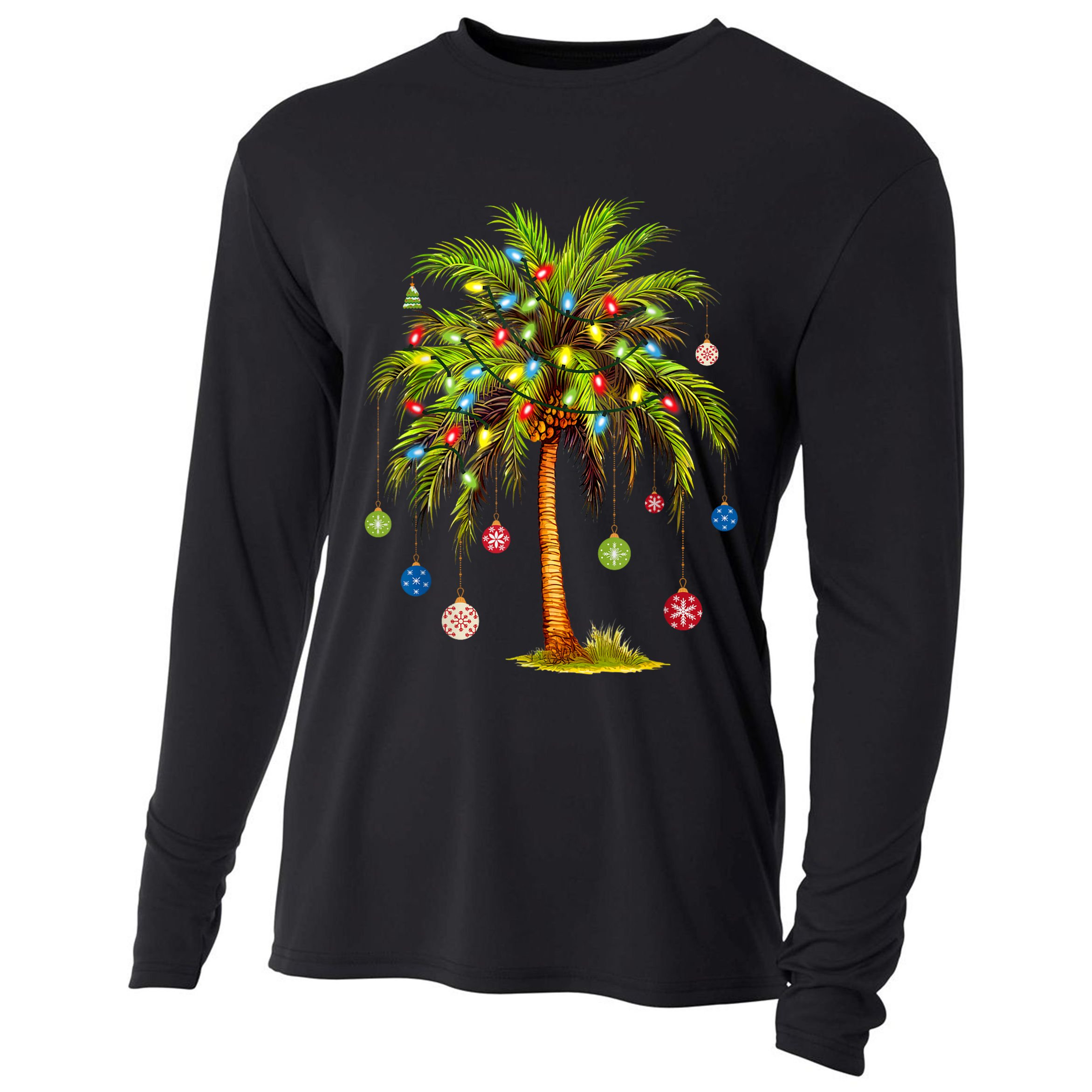 Christmas Palm Tree Light Hawaiian Tropical Xmas Cooling Performance Long Sleeve Crew
