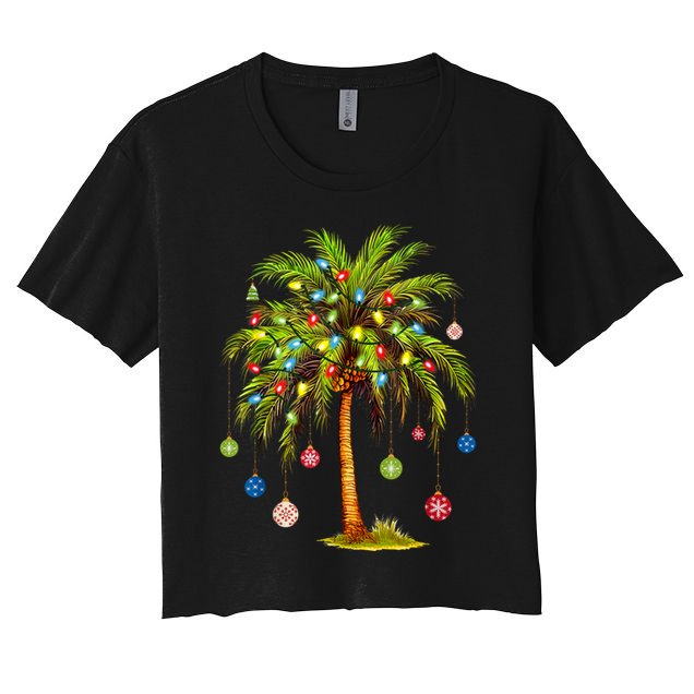 Christmas Palm Tree Light Hawaiian Tropical Xmas Women's Crop Top Tee