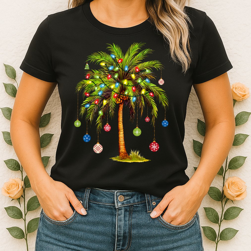 Christmas Palm Tree Light Hawaiian Tropical Xmas Womens T-Shirt