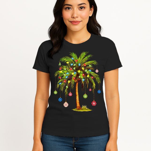 Christmas Palm Tree Light Hawaiian Tropical Xmas Womens T-Shirt