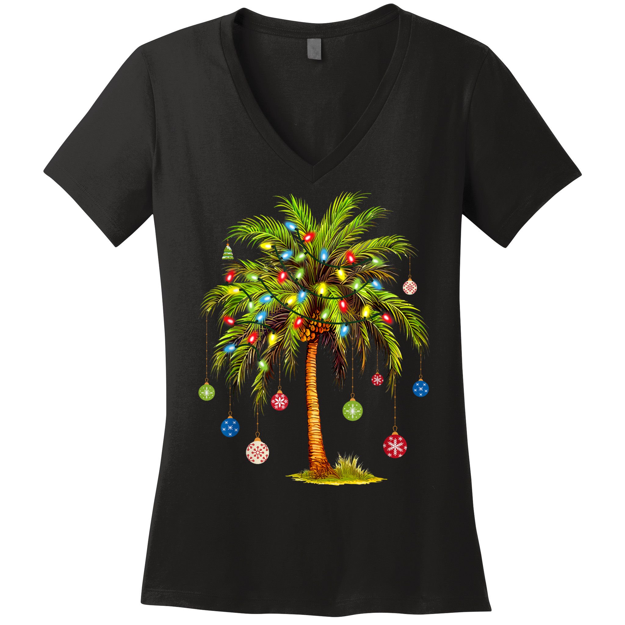 Christmas Palm Tree Light Hawaiian Tropical Xmas Women's V-Neck T-Shirt