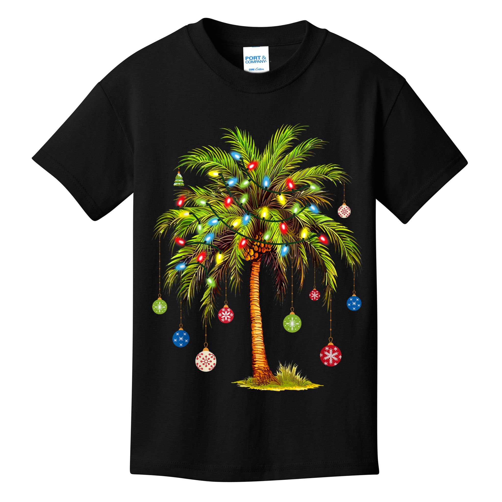Christmas Palm Tree Light Hawaiian Tropical Xmas Kids T-Shirt