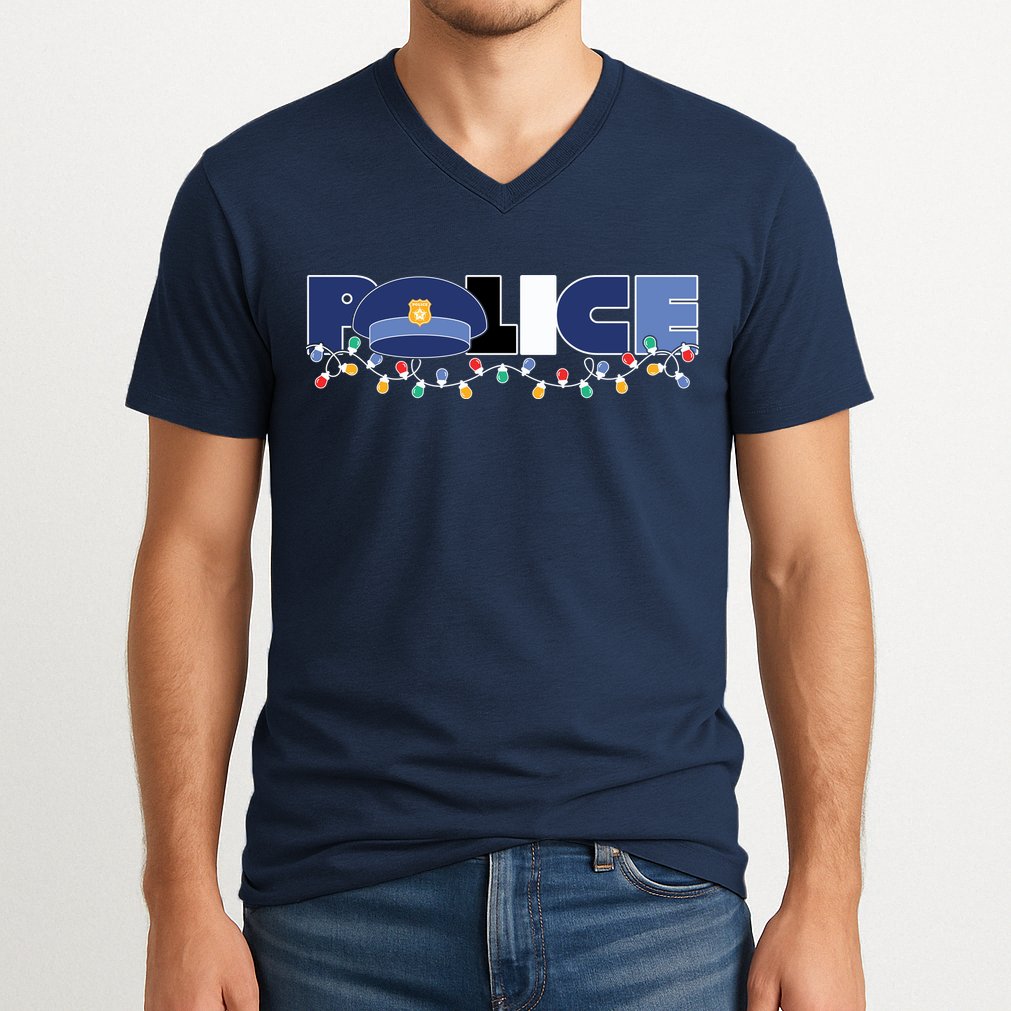 Christmas Police Texture Police Hat Graphic Oversized V-Neck T-Shirt