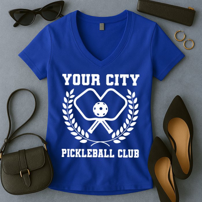 Custom Pickleball Team Personalize City Name Women's V-Neck T-Shirt