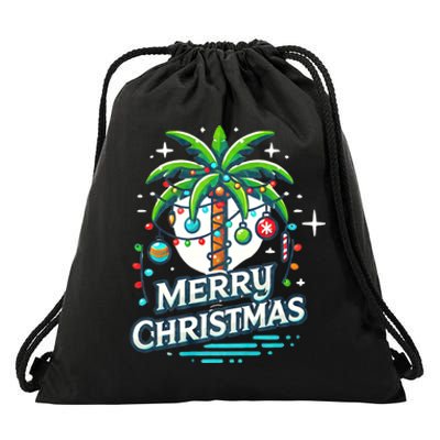 Christmas Palm Tree Merry Christmas Tropical Christmas Drawstring Bag