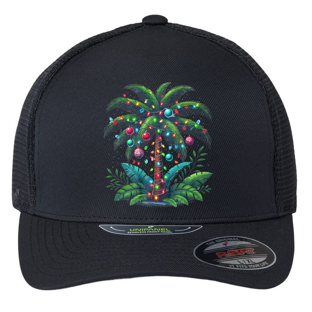 Christmas Palm Tree Merry Christmas Tropical Christmas Flexfit Unipanel Trucker Cap