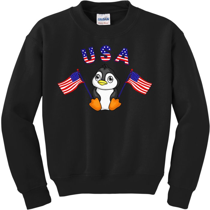 Cute Patriotic USA Penguin American Flags 4th of July Animal Kids Sweatshirt