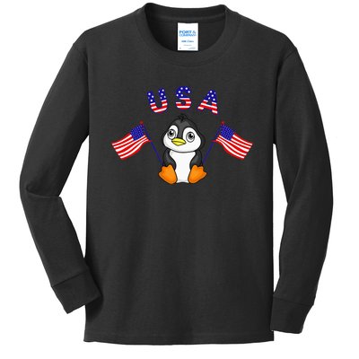 Cute Patriotic USA Penguin American Flags 4th of July Animal Kids Long Sleeve Shirt