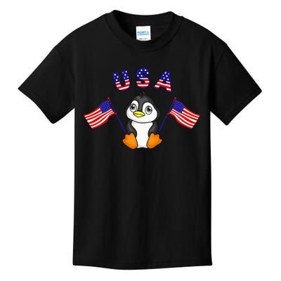 Cute Patriotic USA Penguin American Flags 4th of July Animal Kids T-Shirt