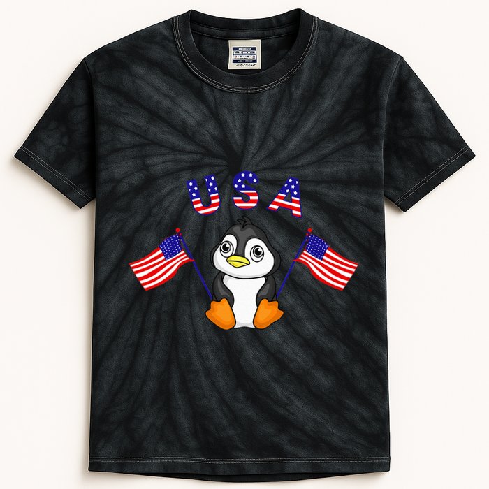 Cute Patriotic USA Penguin American Flags 4th of July Animal Kids Tie-Dye T-Shirt