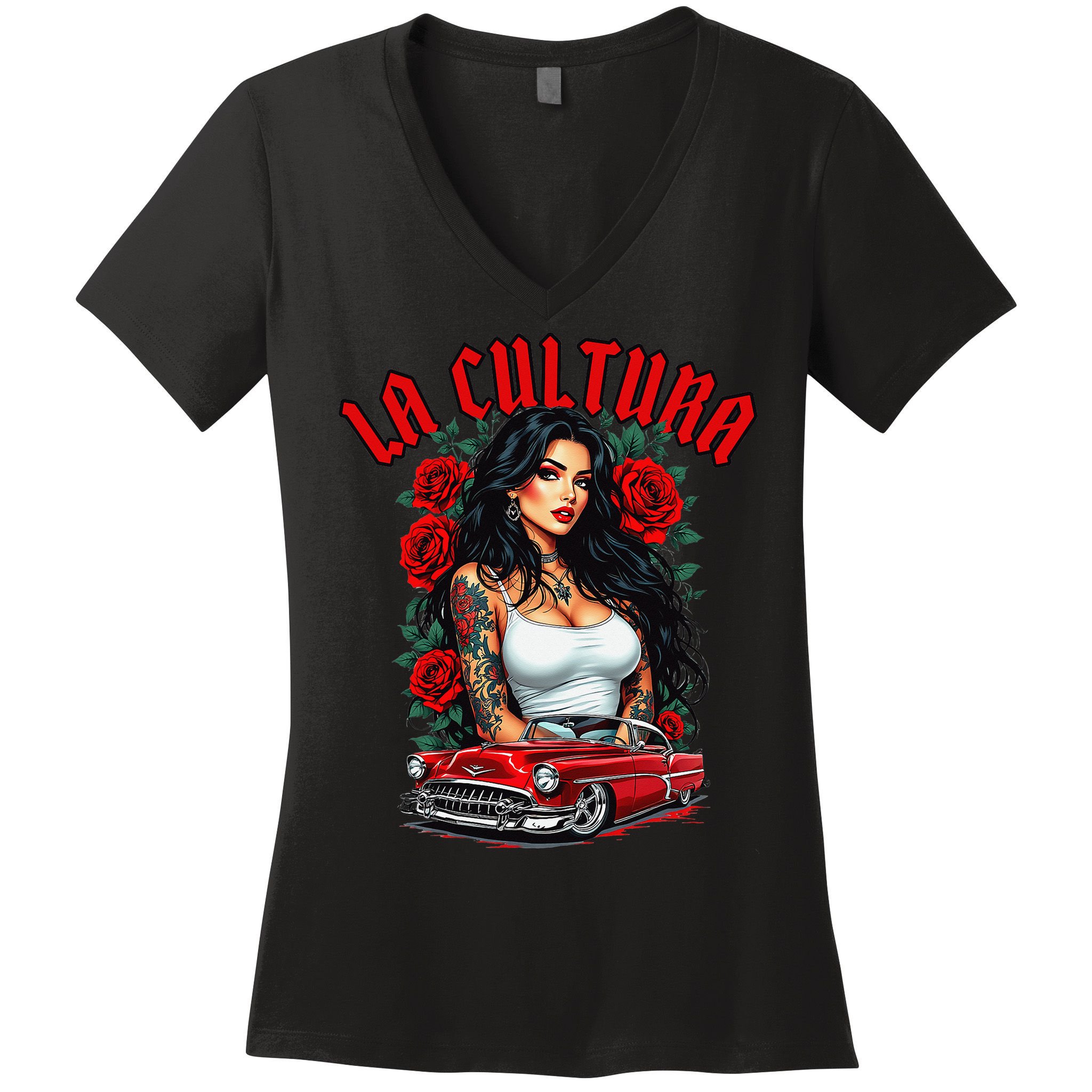 Chola Pin Up Chicano Mexican Latina Car Show Cinco De Mayo Women's V-Neck T-Shirt