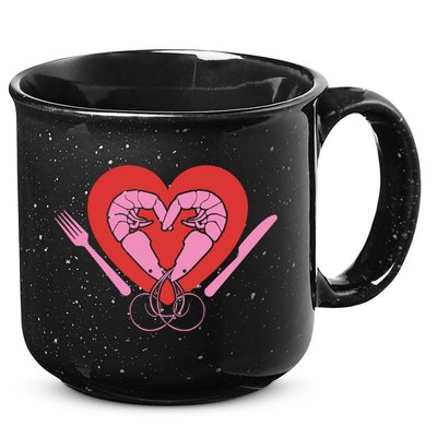 Cute Prawn Valentines Day Heart Shrimp Chef Fork Knife Gift 15oz Campfire Ceramic Mug